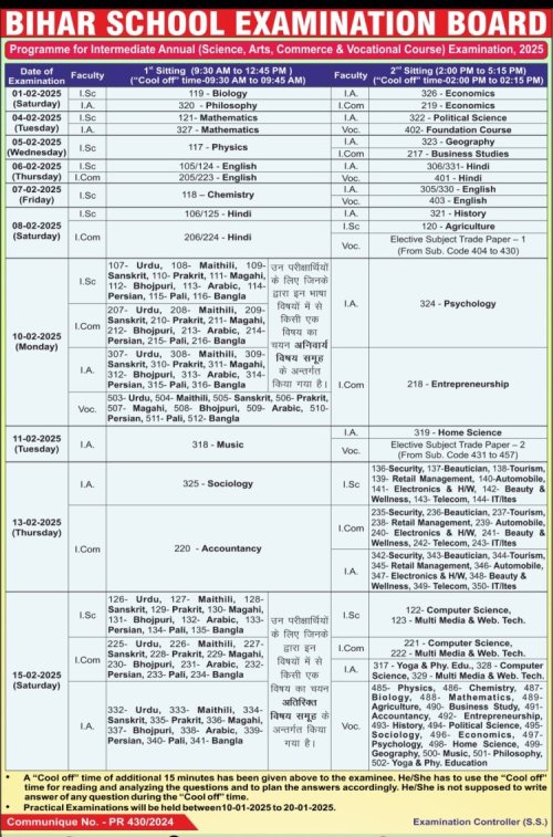 Bseb date sheet 2025
